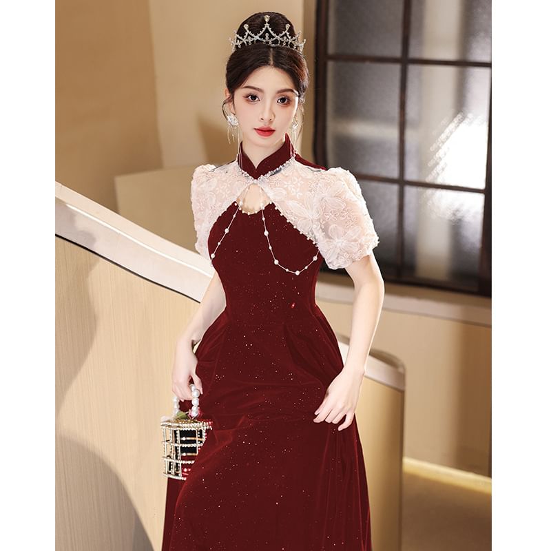 Gown Two Embroidered Flower Neck Evening Mock A-Line Tone Puff-Sleeve Glitter