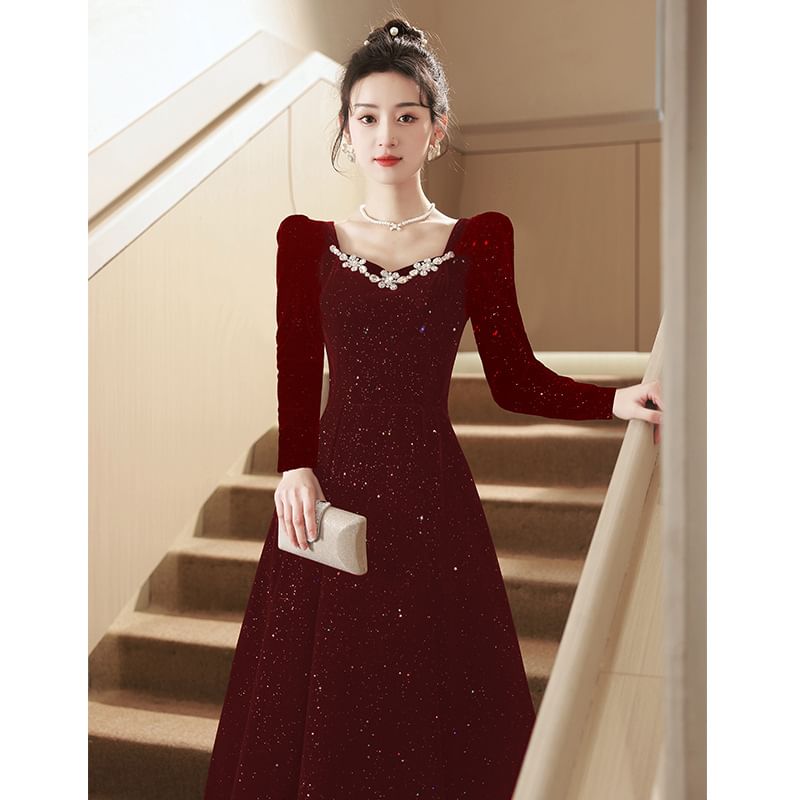 Puff-Sleeve A-Line Rhinestone Evening Sequin Gown