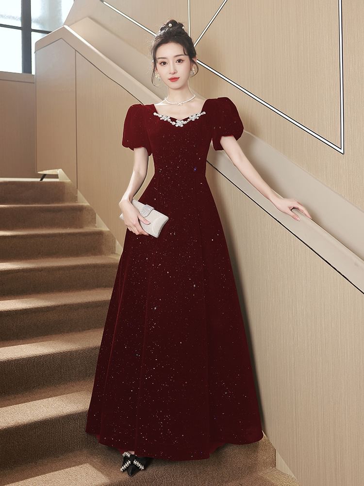Puff-Sleeve A-Line Rhinestone Evening Sequin Gown