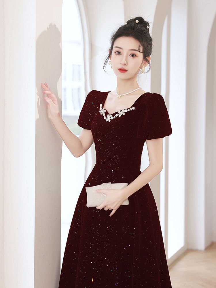Puff-Sleeve A-Line Rhinestone Evening Sequin Gown