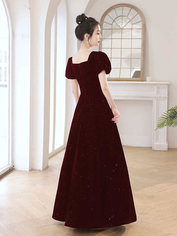 Puff-Sleeve A-Line Rhinestone Evening Sequin Gown