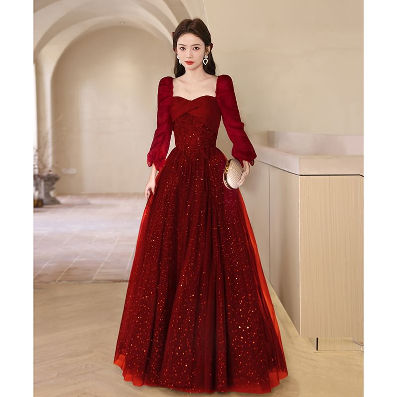 A-Line Gown Evening Sequin Puff-Sleeve