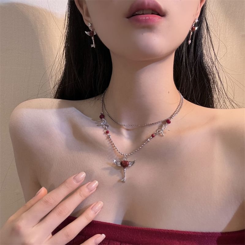 Wing Heart Key Layered Necklace / Drop Earring