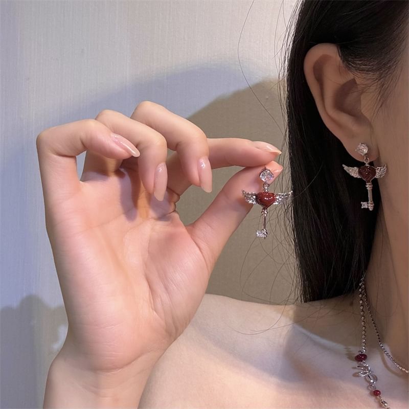 Wing Heart Key Layered Necklace / Drop Earring