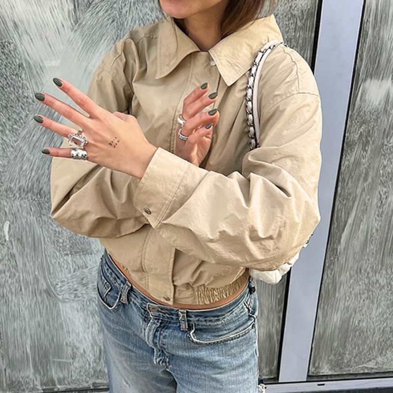 Zip Plain Up Jacket Collared Cropped