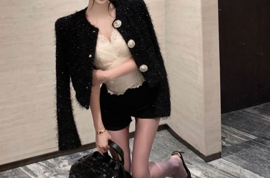 Button-Up Tweed Jacket / Crop Camisole Top