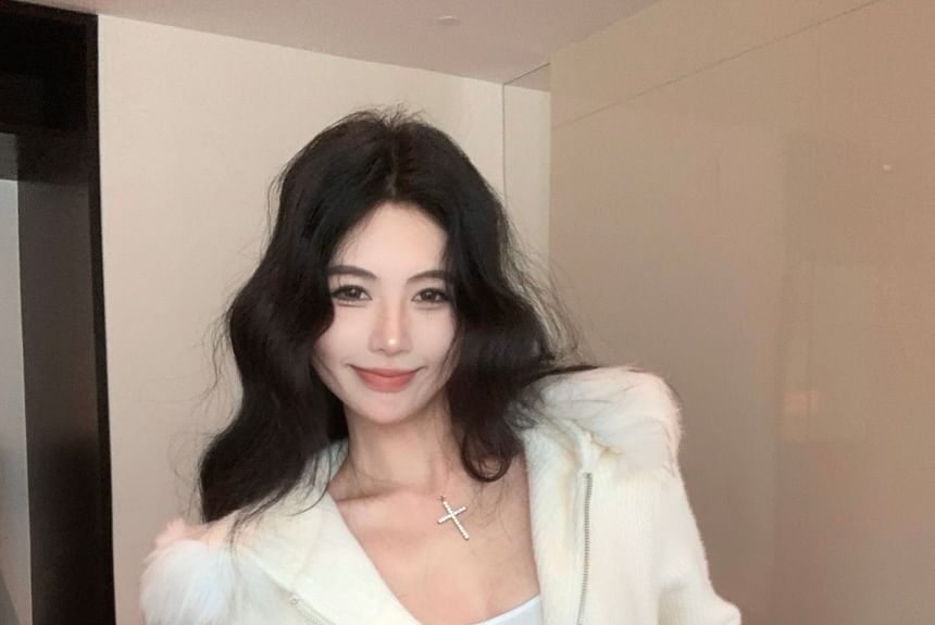 Mini Skirt Fluffy Zip-Up Drawstring Hoodie / Knit Waist Pencil Plain Trim