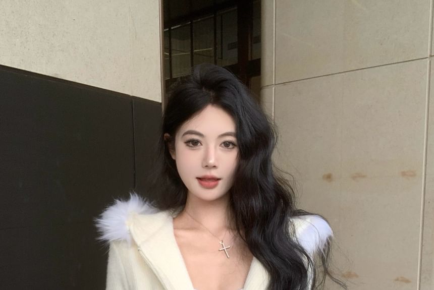 Mini Skirt Fluffy Zip-Up Drawstring Hoodie / Knit Waist Pencil Plain Trim