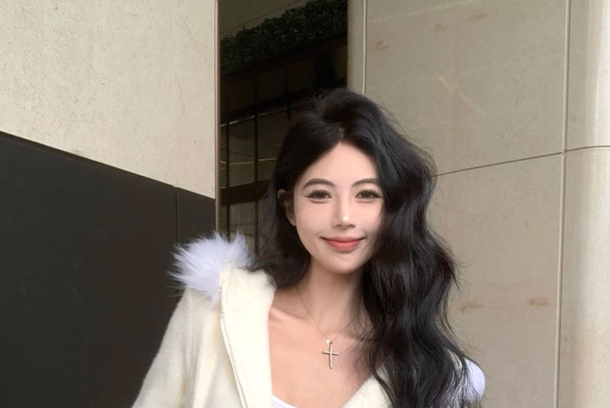 Mini Skirt Fluffy Zip-Up Drawstring Hoodie / Knit Waist Pencil Plain Trim