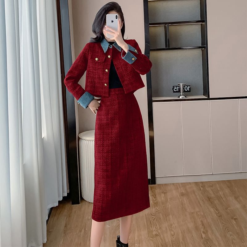 Set: Denim Collar Tweed Button-Up Jacket + High Rise Midi A-Line Skirt