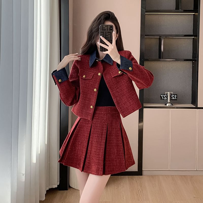 Set: Denim Collar Tweed Button-Up Jacket + High Waist Pleated Mini A-Line Skirt