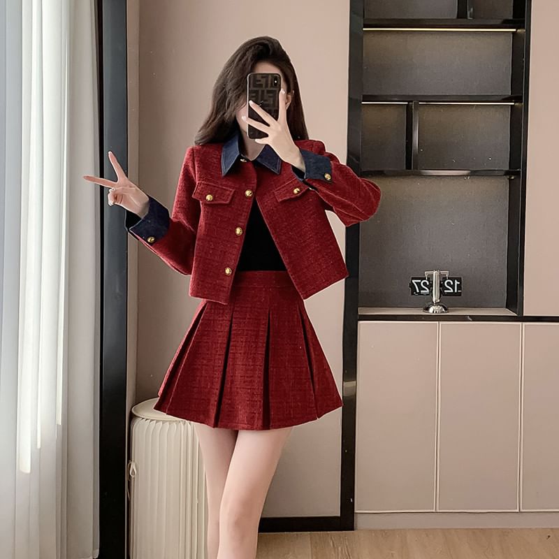 Set: Denim Collar Tweed Button-Up Jacket + High Waist Pleated Mini A-Line Skirt