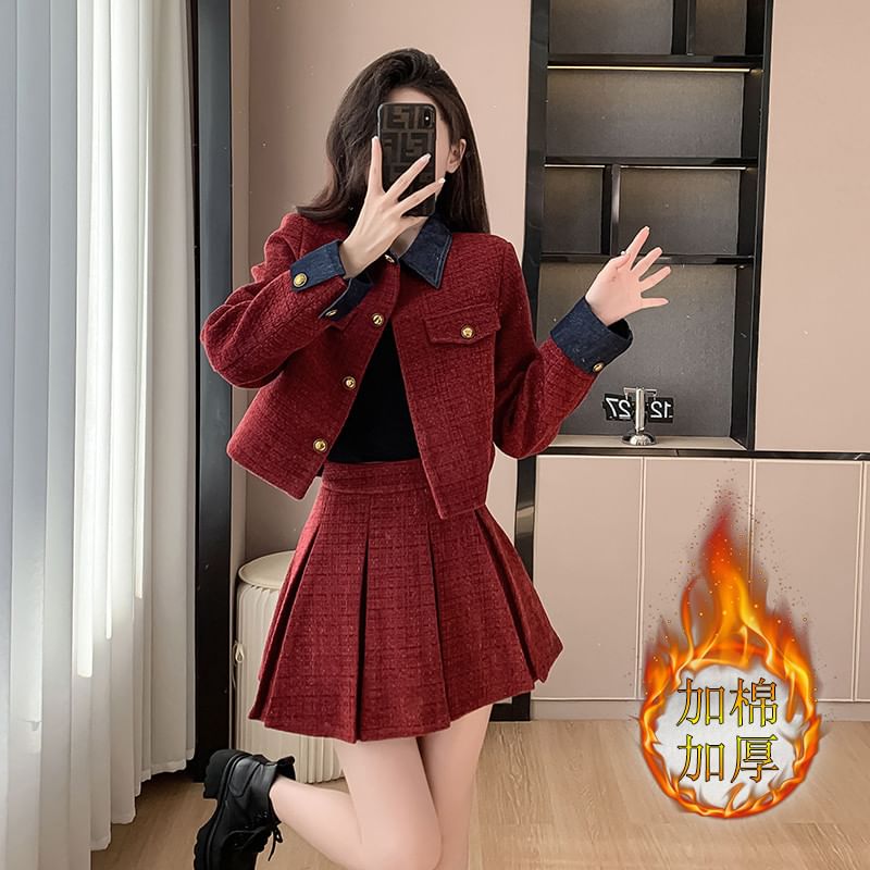 Set: Denim Collar Tweed Button-Up Jacket + High Waist Pleated Mini A-Line Skirt