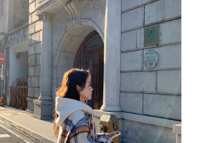 Plaid Hooded Pocket Detail Single-Breasted Coat