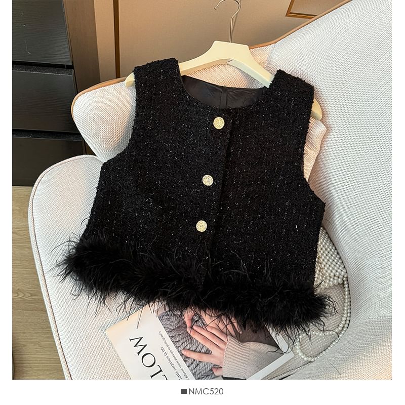Feather-Hem Button-Up Tweed Vest