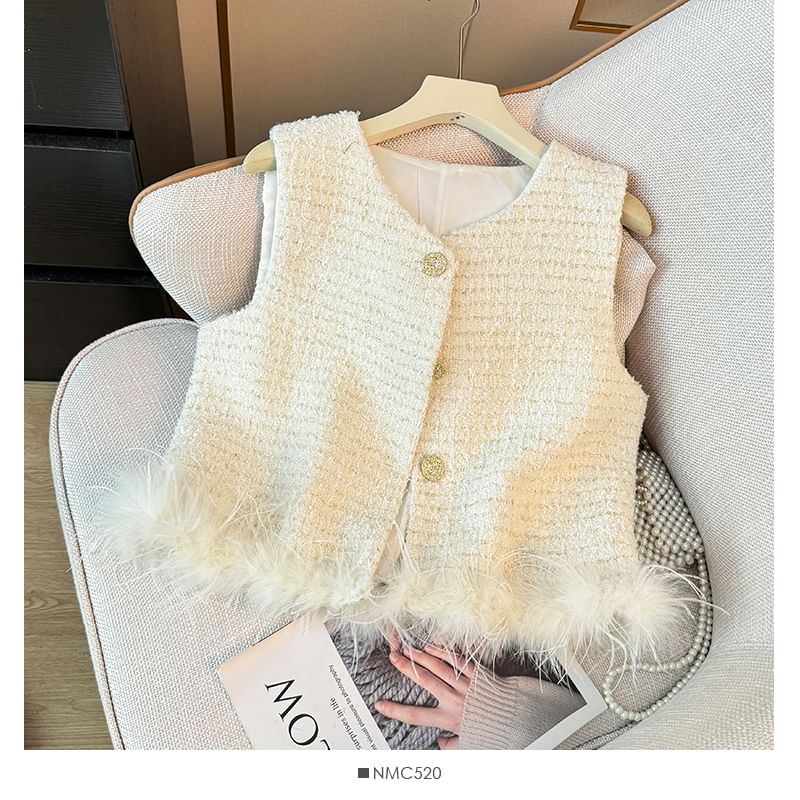 Feather-Hem Button-Up Tweed Vest