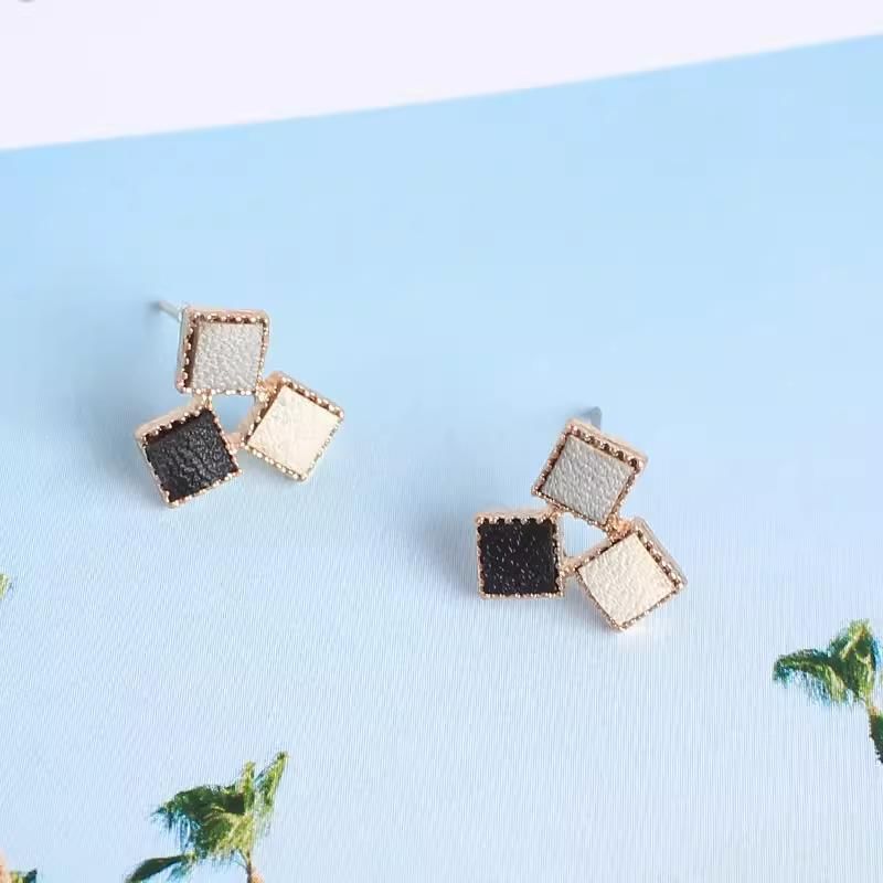 Square Leather Earring Faux Alloy Stud