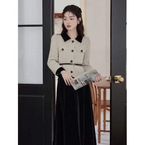Set: Collar Two Tone Tweed Button Jacket + High Rise Plain Velvet Midi A-Line Skirt