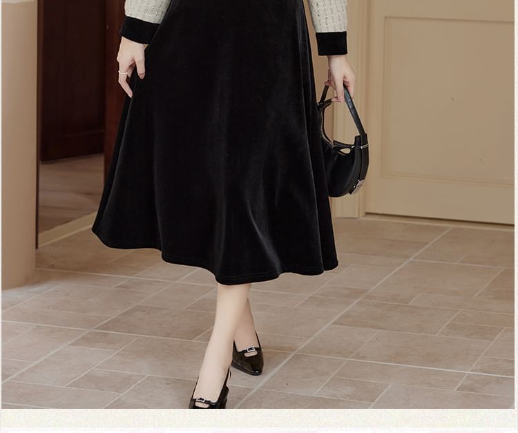 Set: Collar Two Tone Tweed Button Jacket + High Rise Plain Velvet Midi A-Line Skirt