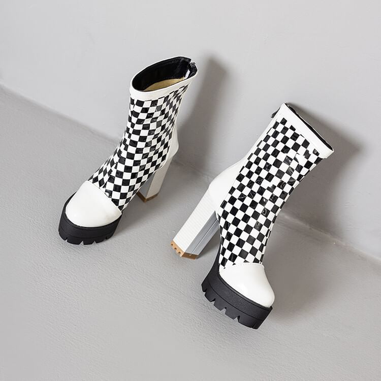 Short Boots Heel Checkerboard Block