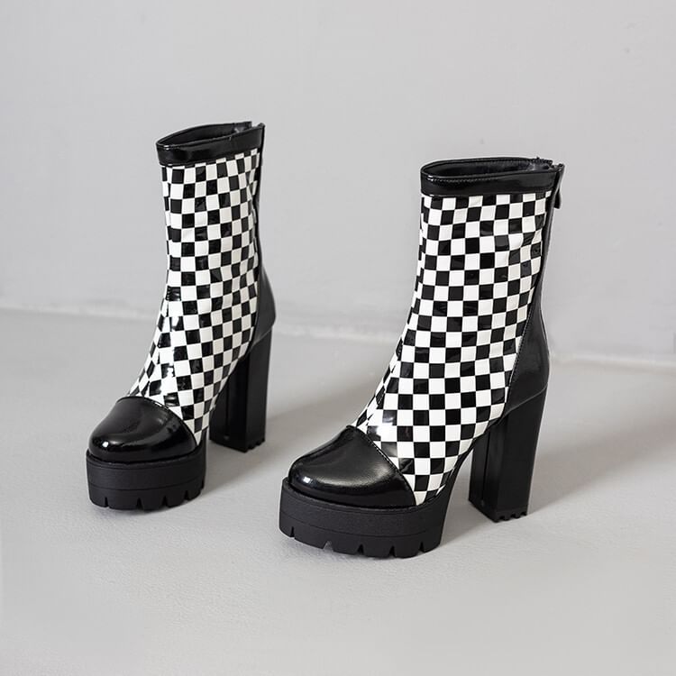Short Boots Heel Checkerboard Block