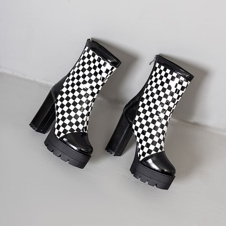 Short Boots Heel Checkerboard Block