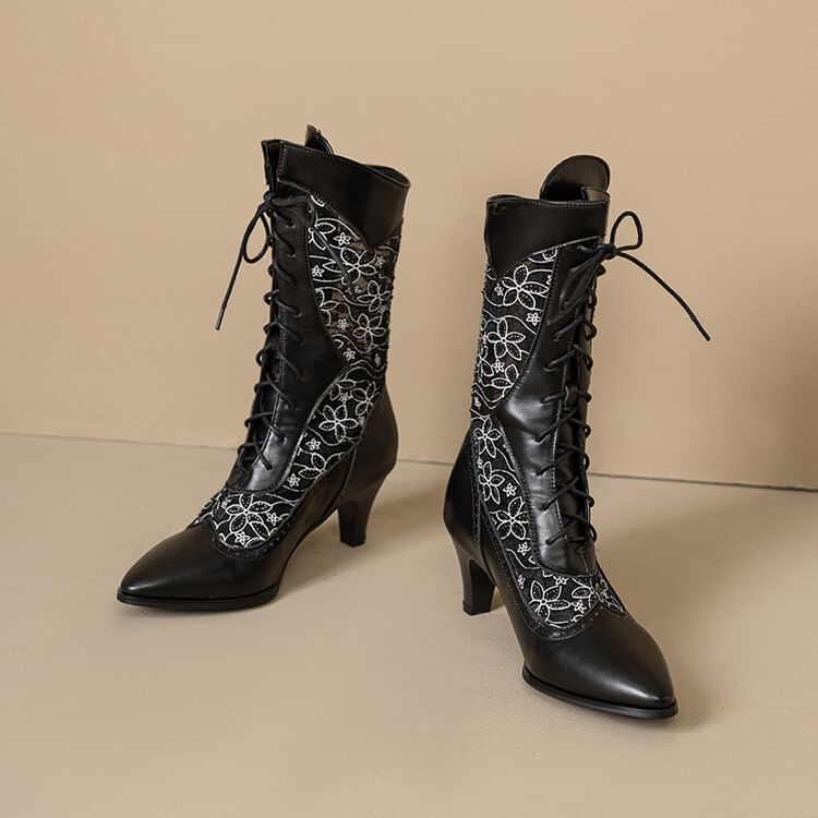 Pointed Boots Short Heel Mesh Low