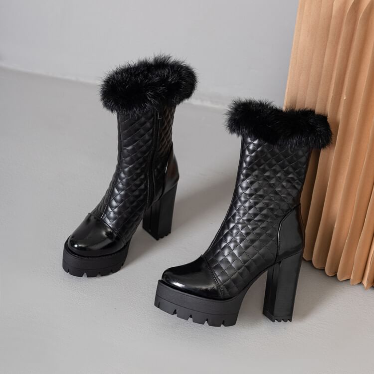 Quilted Boots Heel Furry Short Block Trim
