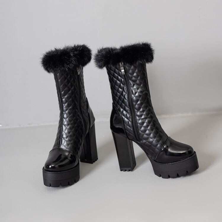 Quilted Boots Heel Furry Short Block Trim