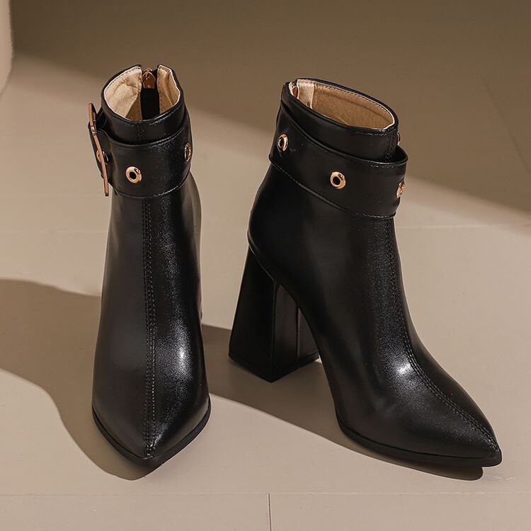 buckled Short Pointed Heel Block Boots