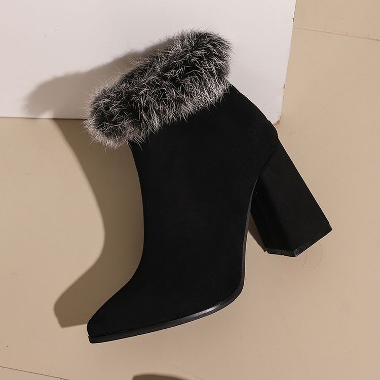 Short Trim Boots Heel Furry Leopard Print Block