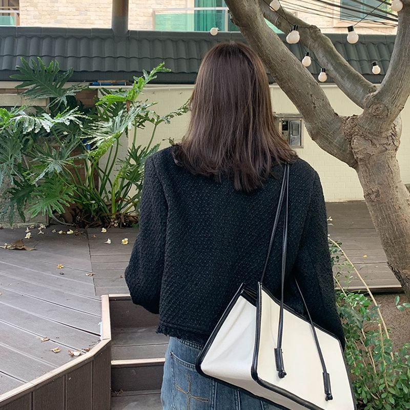 V-Neck Plain Fringed Tweed Crop Button Jacket