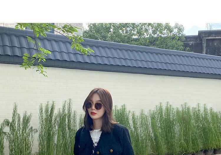 V-Neck Plain Fringed Tweed Crop Button Jacket