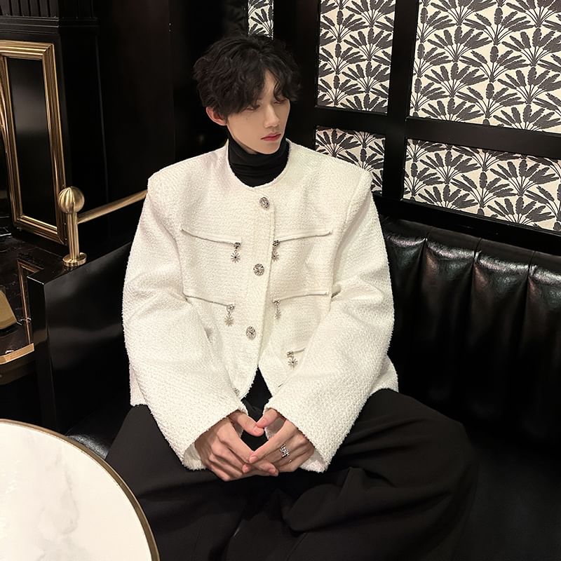 Long Sleeve Round Neck Embellished Tweed Jacket