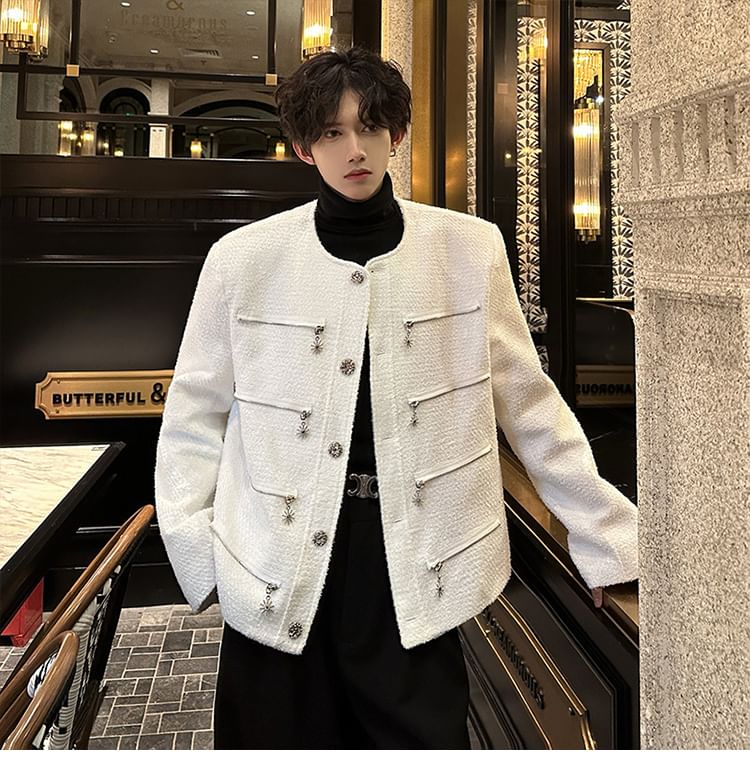 Long Sleeve Round Neck Embellished Tweed Jacket