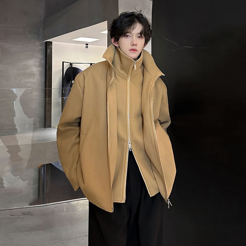 Long Sleeve Stand Collar Zip Up Wool Coat