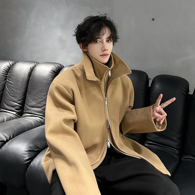 Long Sleeve Stand Collar Zip Up Wool Coat