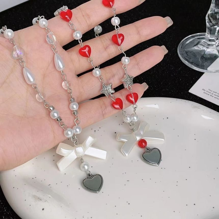 Necklace Heart Pearl Bow Faux