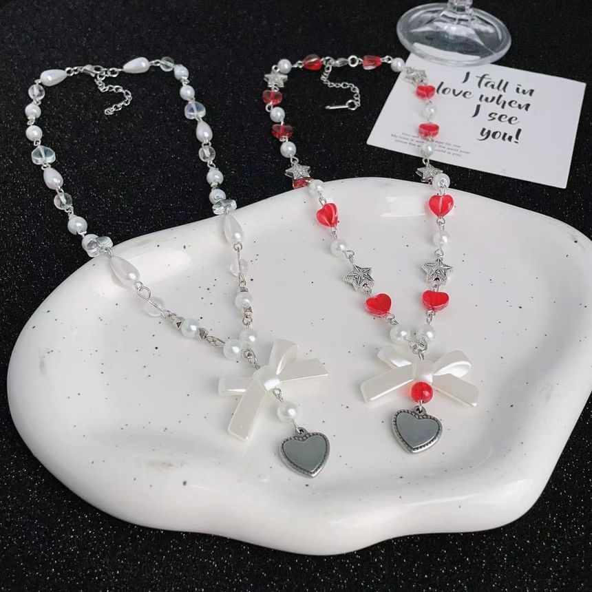 Necklace Heart Pearl Bow Faux