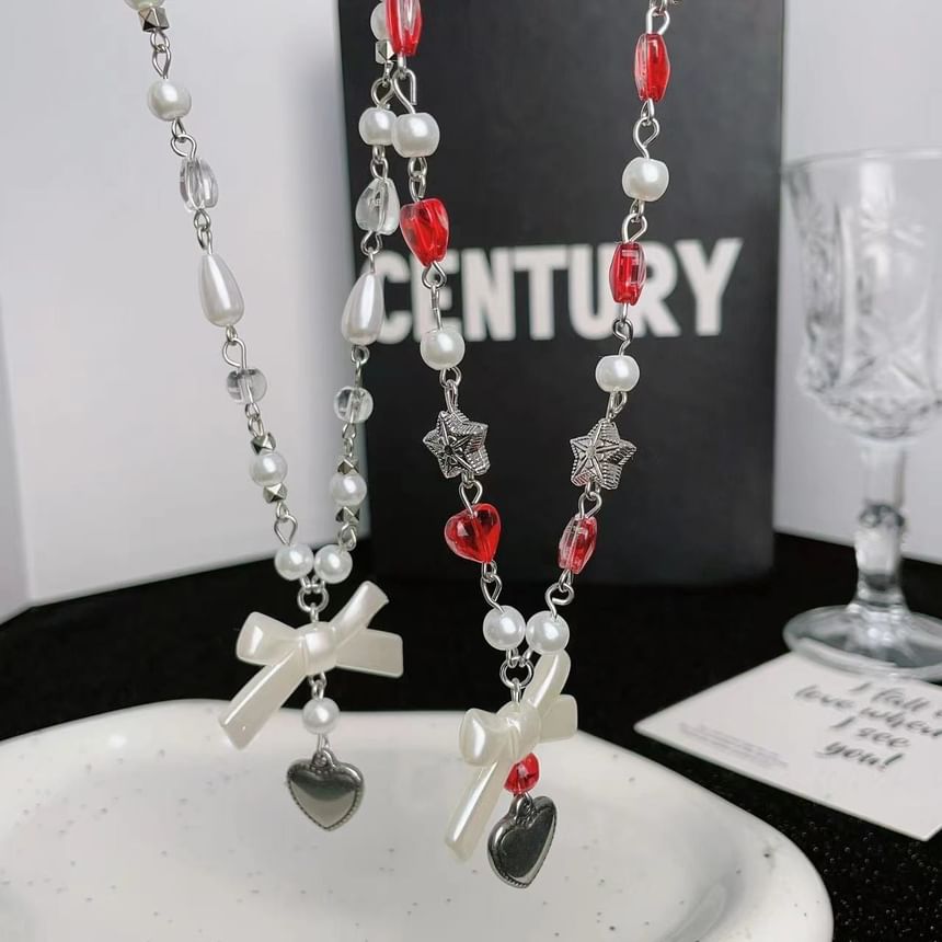 Necklace Heart Pearl Bow Faux
