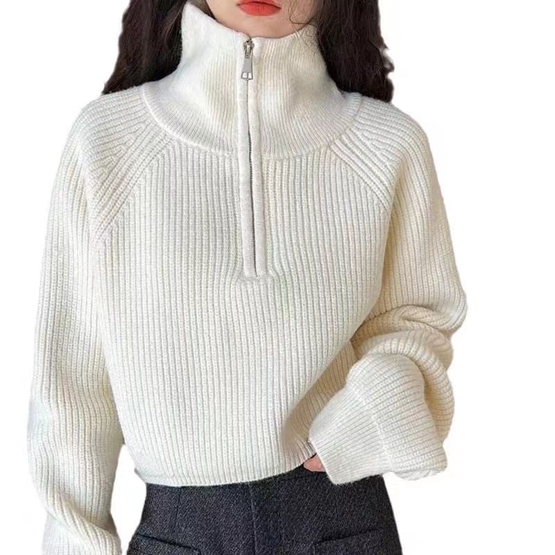 Turtleneck Half-Zip Cropped Pullover Sweater