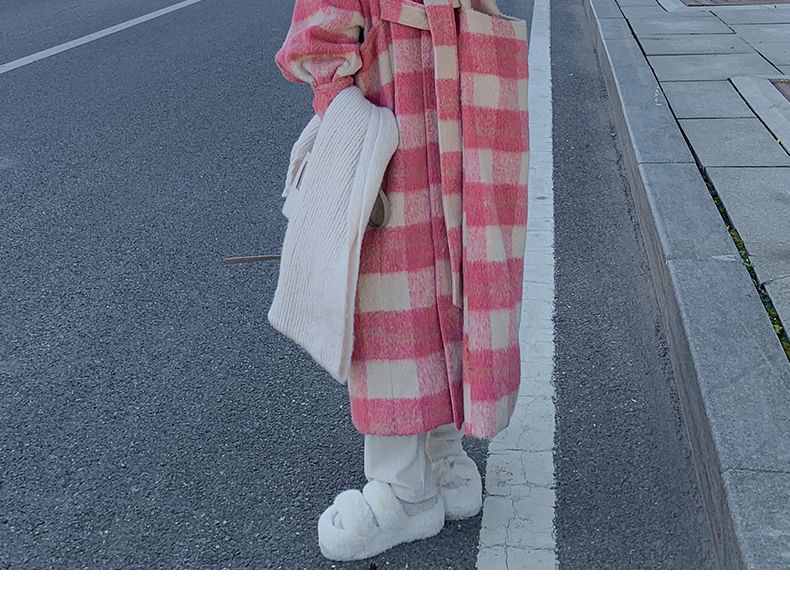Lapel Collar Plaid Tie Waist Long Coat