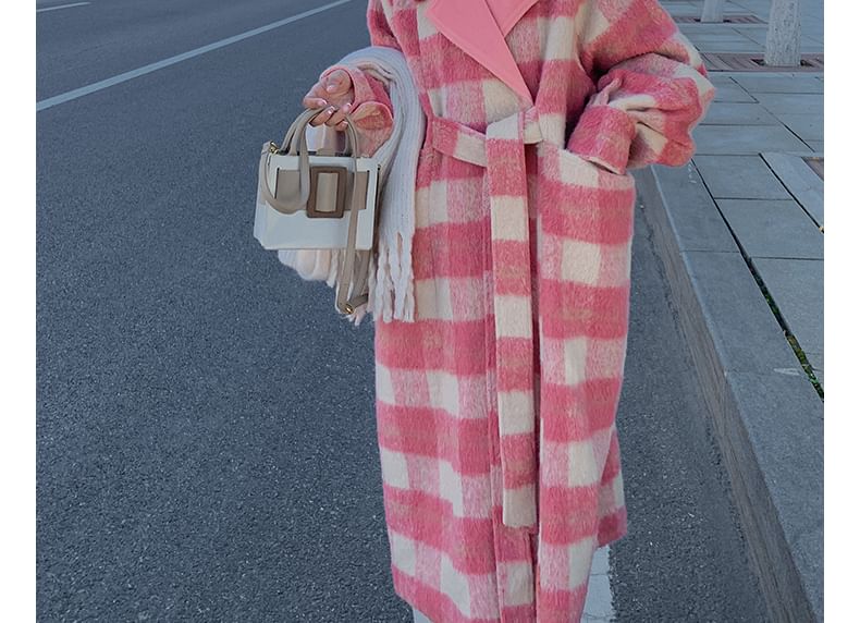 Lapel Collar Plaid Tie Waist Long Coat