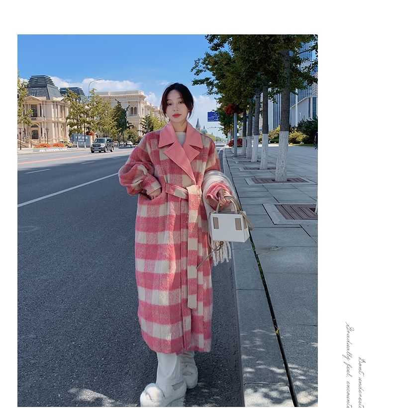 Lapel Collar Plaid Tie Waist Long Coat