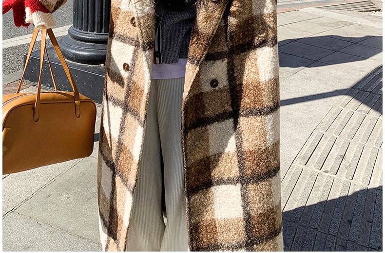 Lapel Collar Plaid Double-Breasted Long Coat