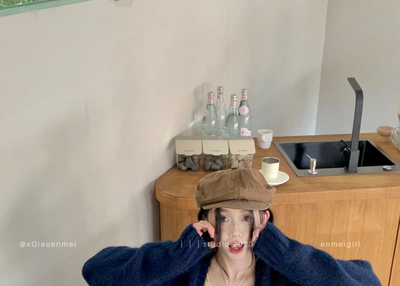 Plain Sleeve V-Neck / Skirt Pleated Long Plaid Mini Tee Mid Waist Cardigan