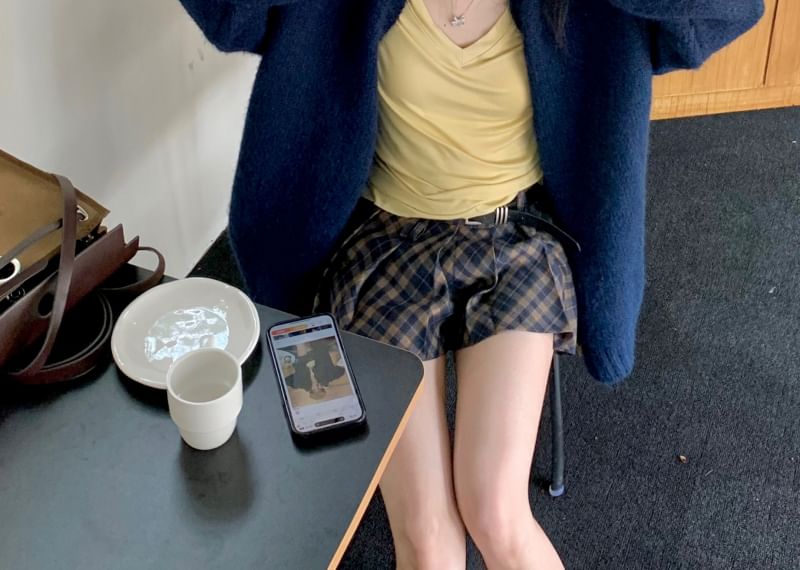 Plain Sleeve V-Neck / Skirt Pleated Long Plaid Mini Tee Mid Waist Cardigan