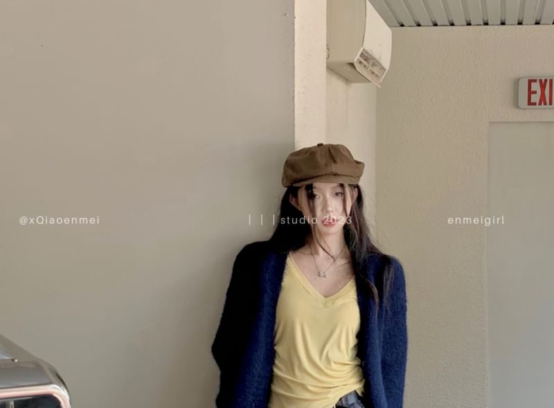 Plain Sleeve V-Neck / Skirt Pleated Long Plaid Mini Tee Mid Waist Cardigan