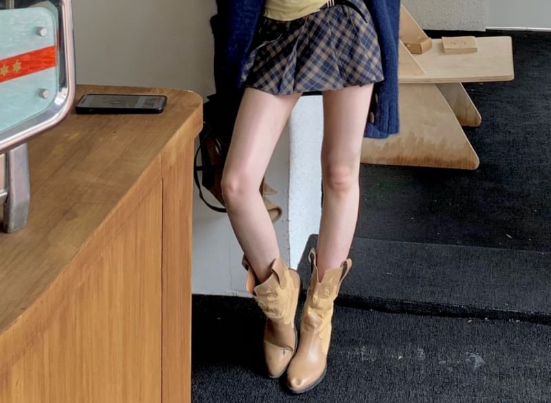 Plain Sleeve V-Neck / Skirt Pleated Long Plaid Mini Tee Mid Waist Cardigan