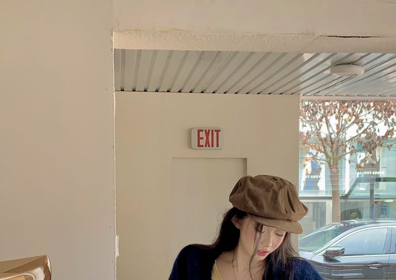 Plain Sleeve V-Neck / Skirt Pleated Long Plaid Mini Tee Mid Waist Cardigan